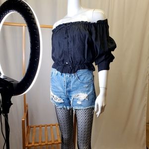 COPY - Zara Black washedOffshouulder ruffle neckline cropped blouse Size M